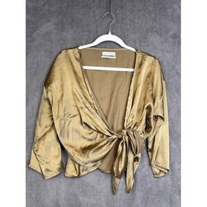 Urban Outfitters Satin Wrap Tie Front Long Sleeve Blouse Top Olive Green Small